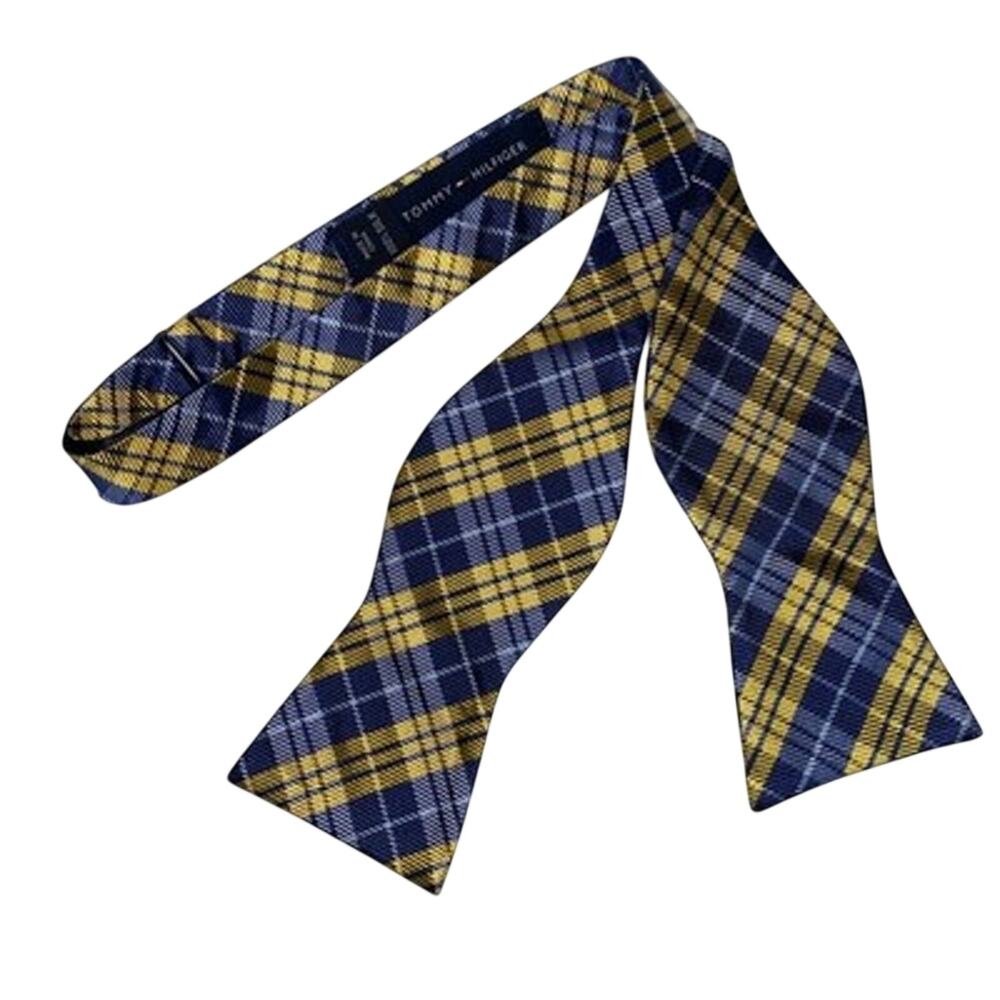 Tommy Hilfiger 100% Silk Bow Tie Yellow Blue Plaid